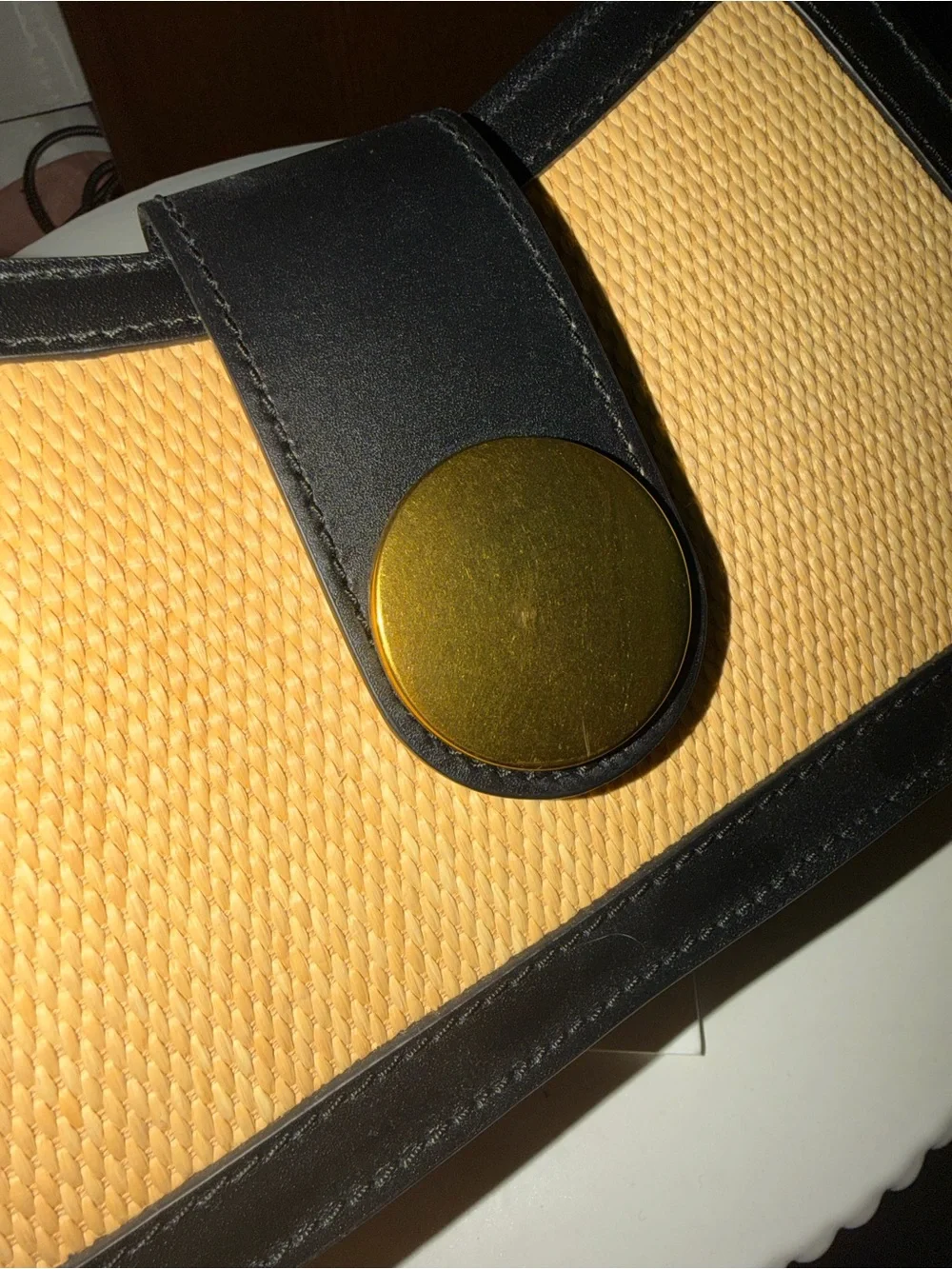 Elleme Black Leather Shoulder Bag with Yellow Raffia Panel